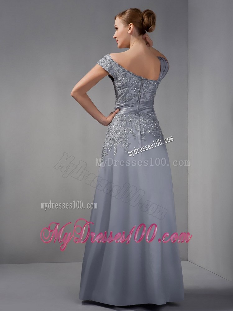 Asymmetric Neckline Applique Covered Gray Mother In Law Dress