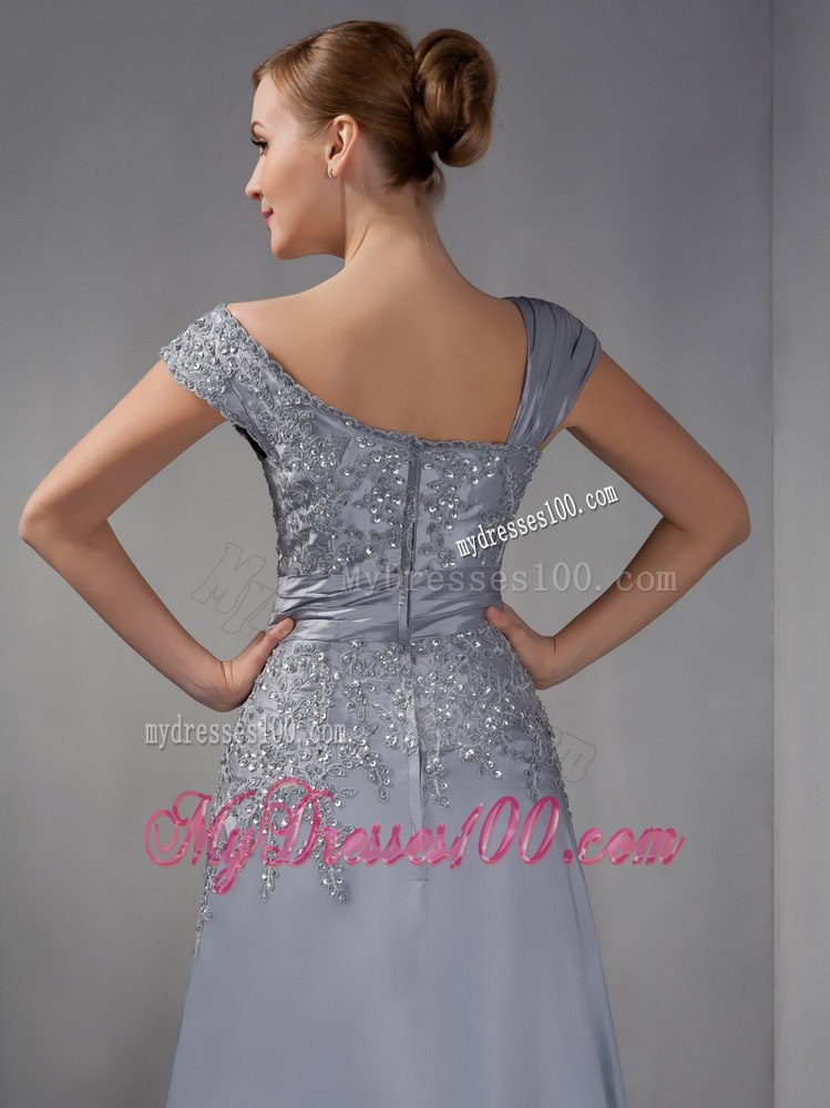 Asymmetric Neckline Applique Covered Gray Mother In Law Dress