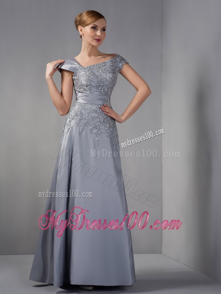 Asymmetric Neckline Applique Covered Gray Mother In Law Dress