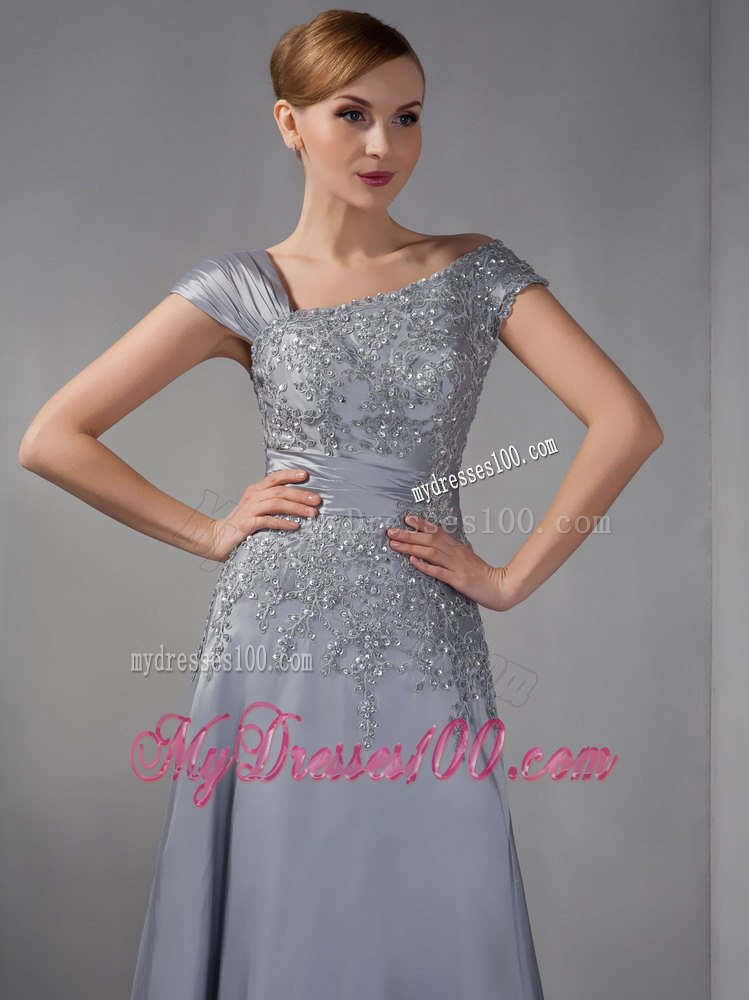 Asymmetric Neckline Applique Covered Gray Mother In Law Dress