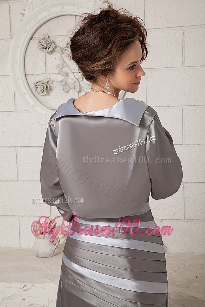 Two-toned Grey Ruched Mother In Law Dresses with Jeweled Straps