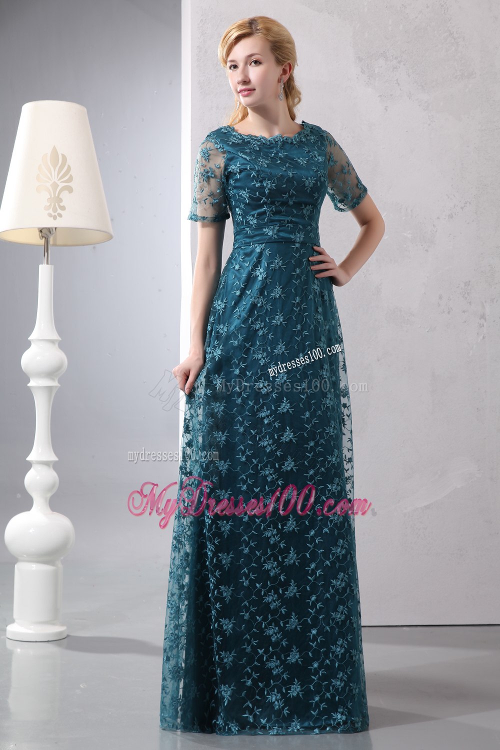 Scoop Short Sleeves Peacock Colored Lace Mother of Bride Dress