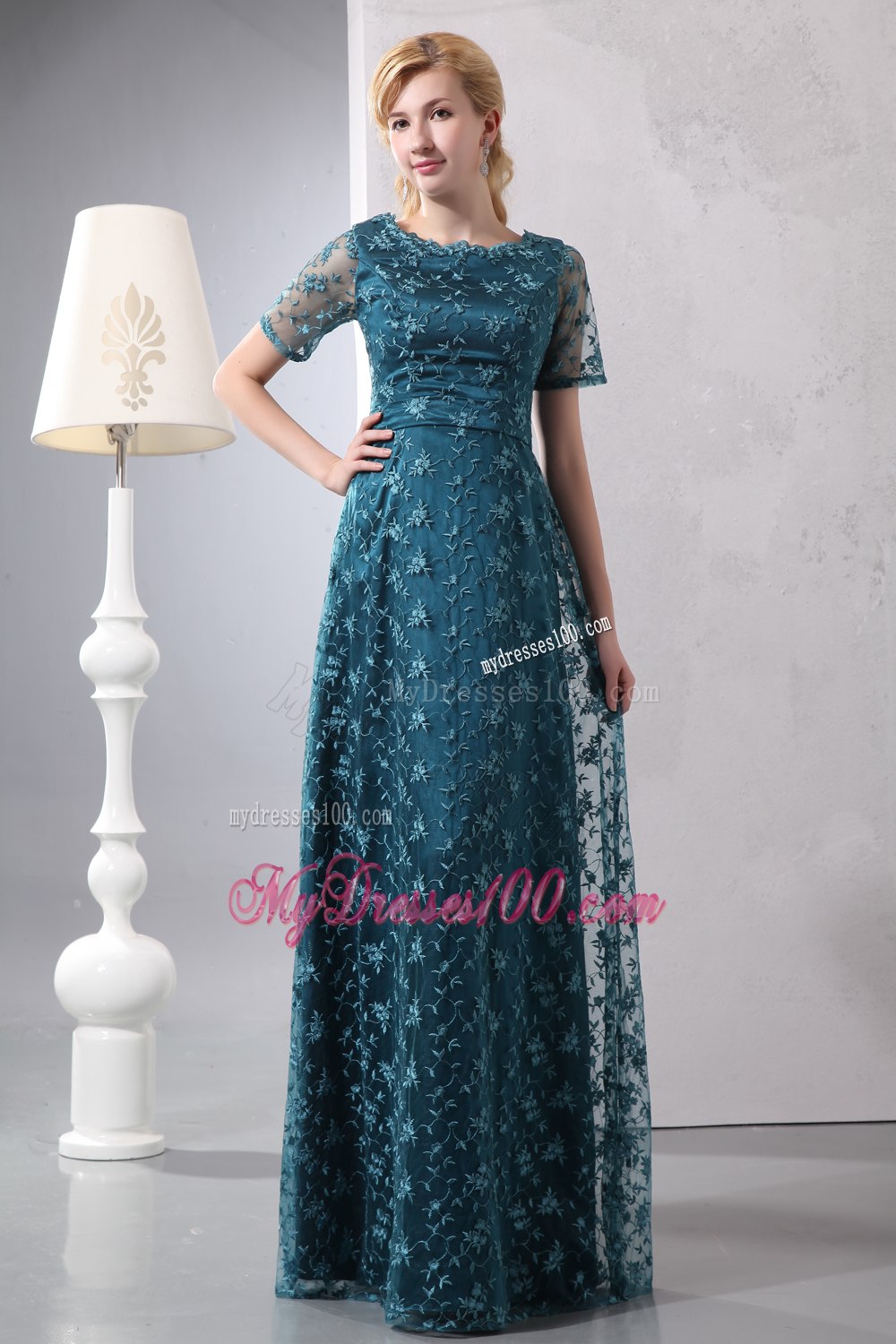 Scoop Short Sleeves Peacock Colored Lace Mother of Bride Dress