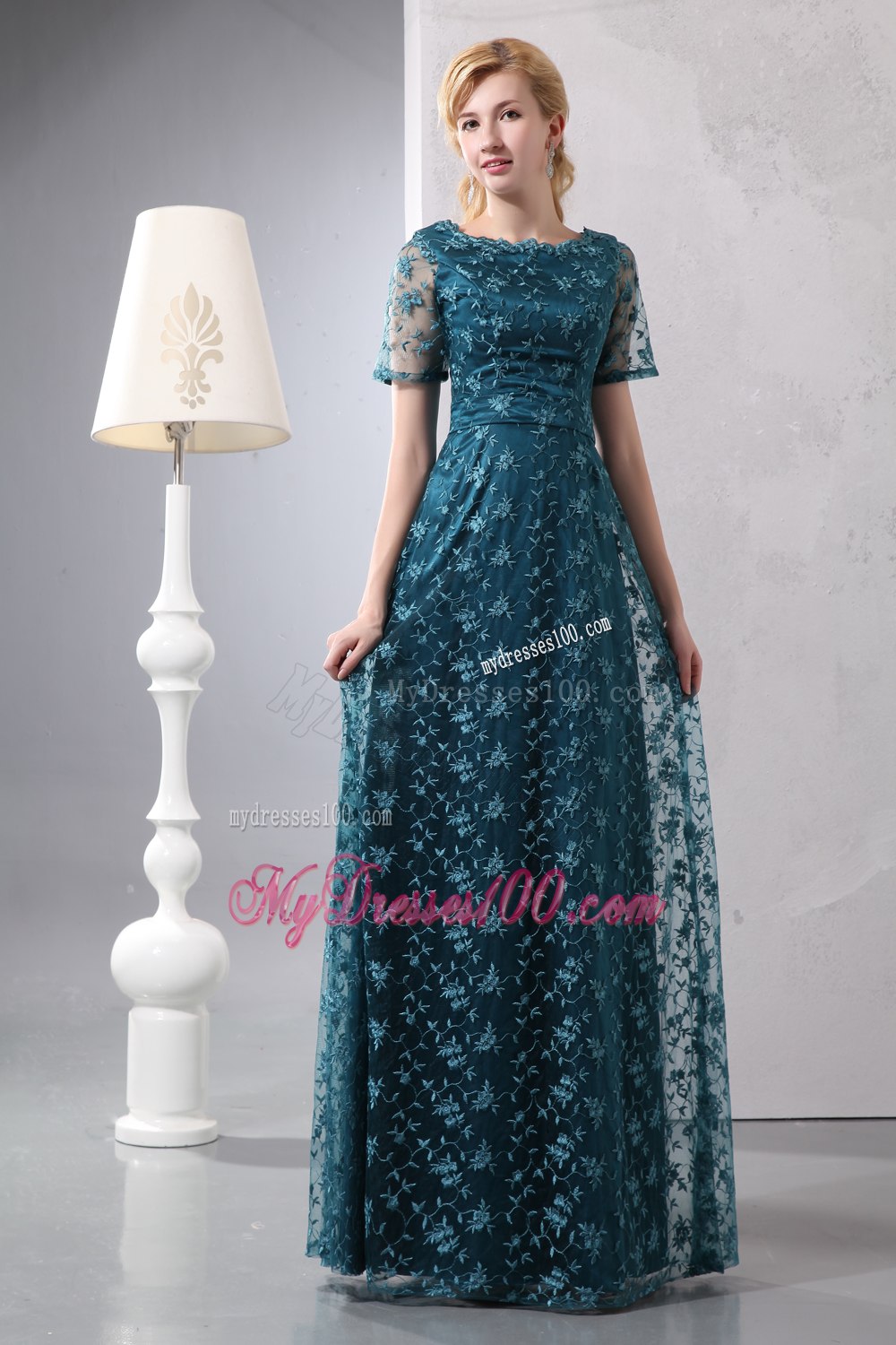 Scoop Short Sleeves Peacock Colored Lace Mother of Bride Dress
