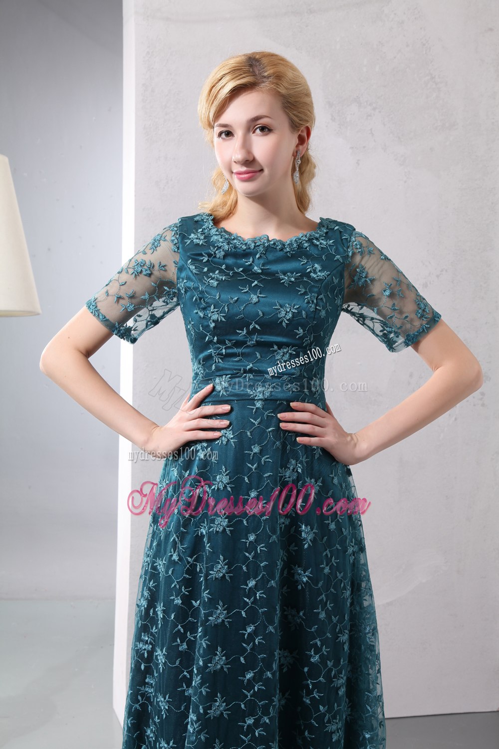 Scoop Short Sleeves Peacock Colored Lace Mother of Bride Dress