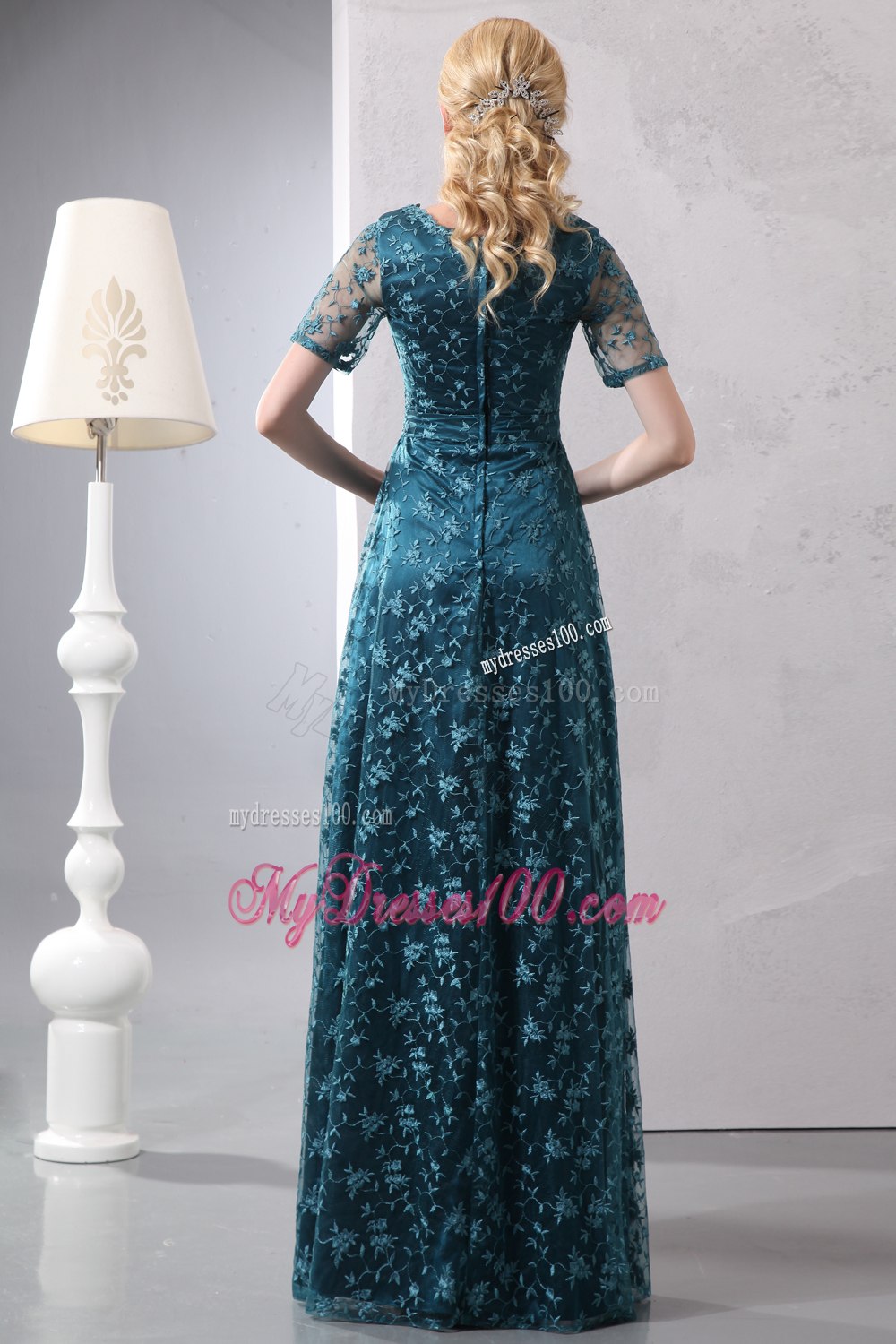 Scoop Short Sleeves Peacock Colored Lace Mother of Bride Dress