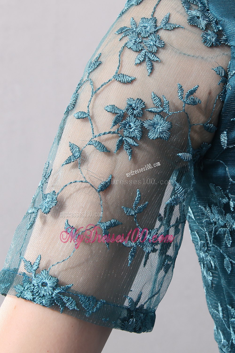 Scoop Short Sleeves Peacock Colored Lace Mother of Bride Dress