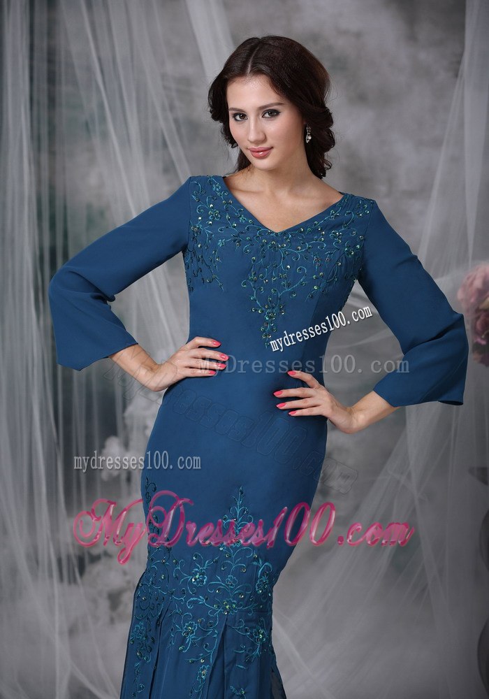 Dark Teal Mermaid Mother Of The Bride Dress with 3 4 Length Sleeves