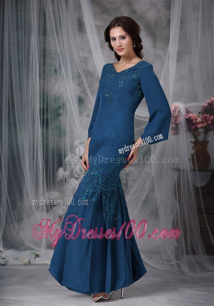Dark Teal Mermaid Mother Of The Bride Dress with 3 4 Length Sleeves