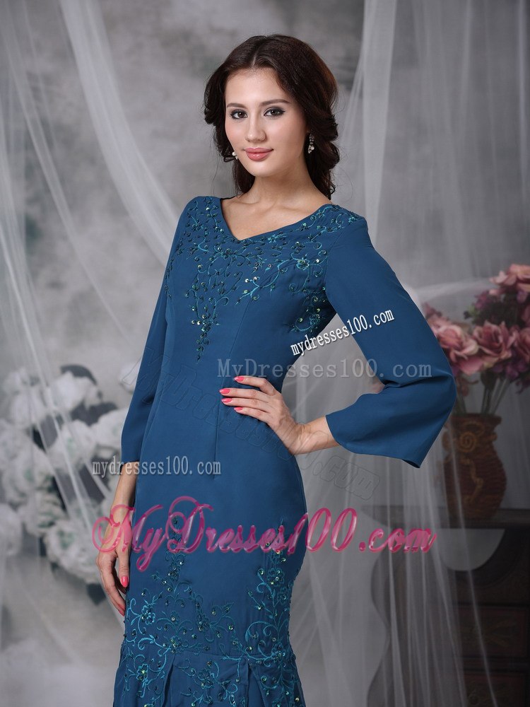 Dark Teal Mermaid Mother Of The Bride Dress with 3 4 Length Sleeves
