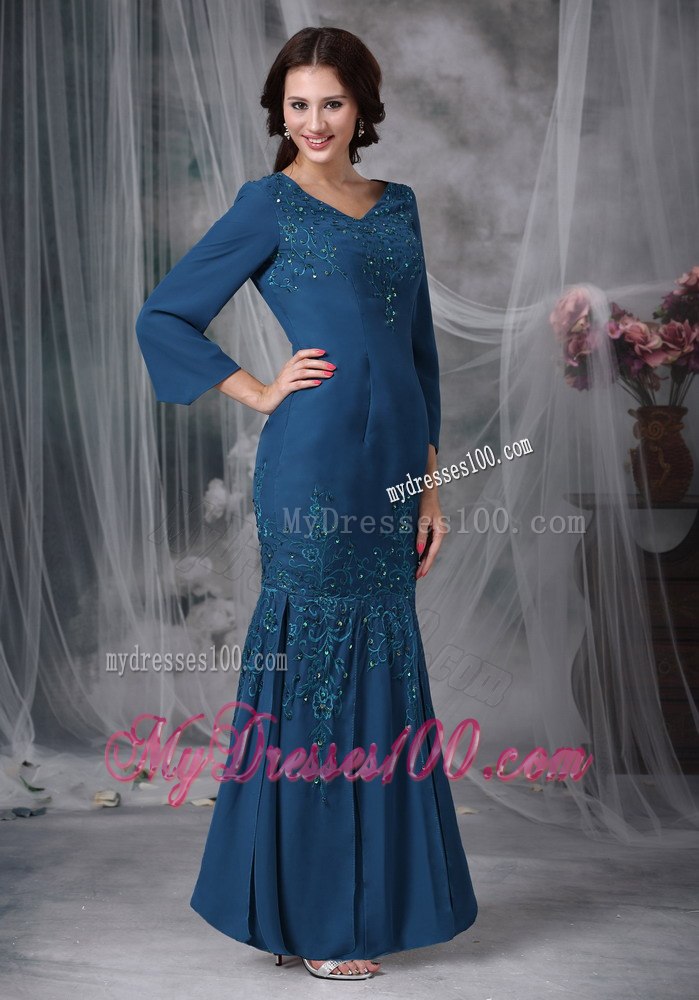 Dark Teal Mermaid Mother Of The Bride Dress with 3 4 Length Sleeves