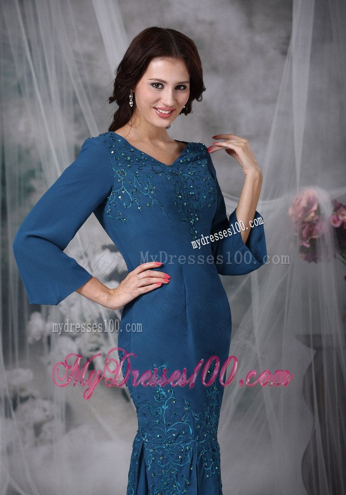 Dark Teal Mermaid Mother Of The Bride Dress with 3 4 Length Sleeves