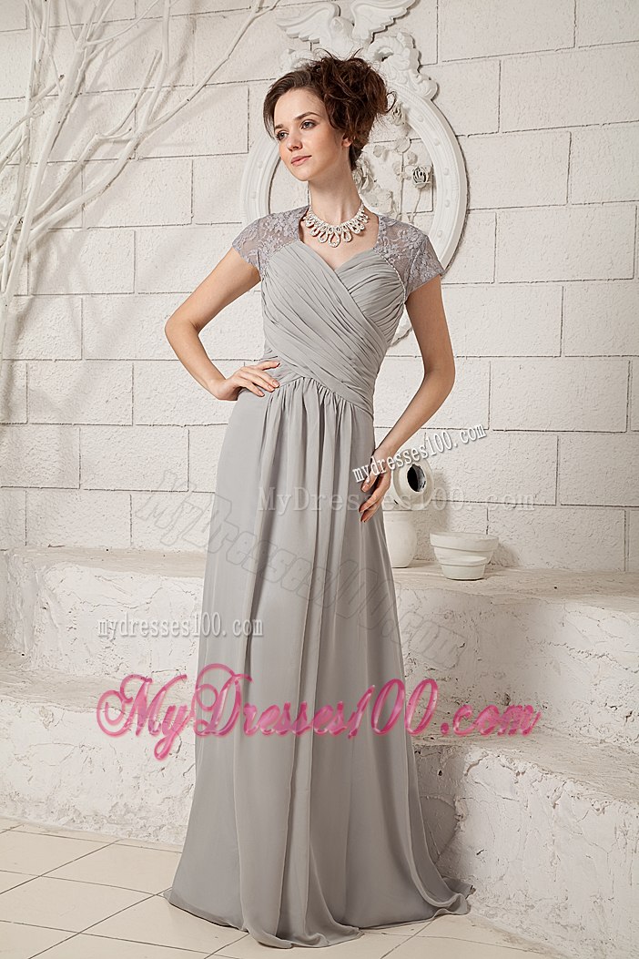 Sheer Cap Sleeves Gray Mothers Dress For Weddings with Full Back