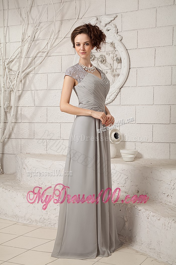 Sheer Cap Sleeves Gray Mothers Dress For Weddings with Full Back