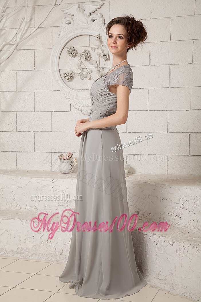 Sheer Cap Sleeves Gray Mothers Dress For Weddings with Full Back