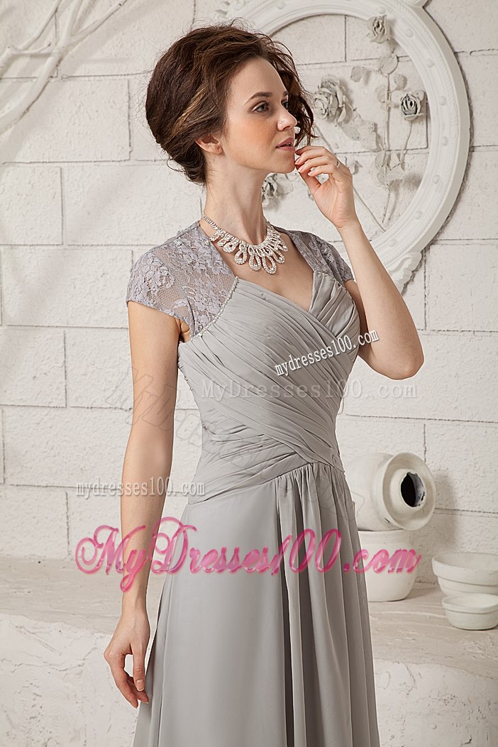 Sheer Cap Sleeves Gray Mothers Dress For Weddings with Full Back