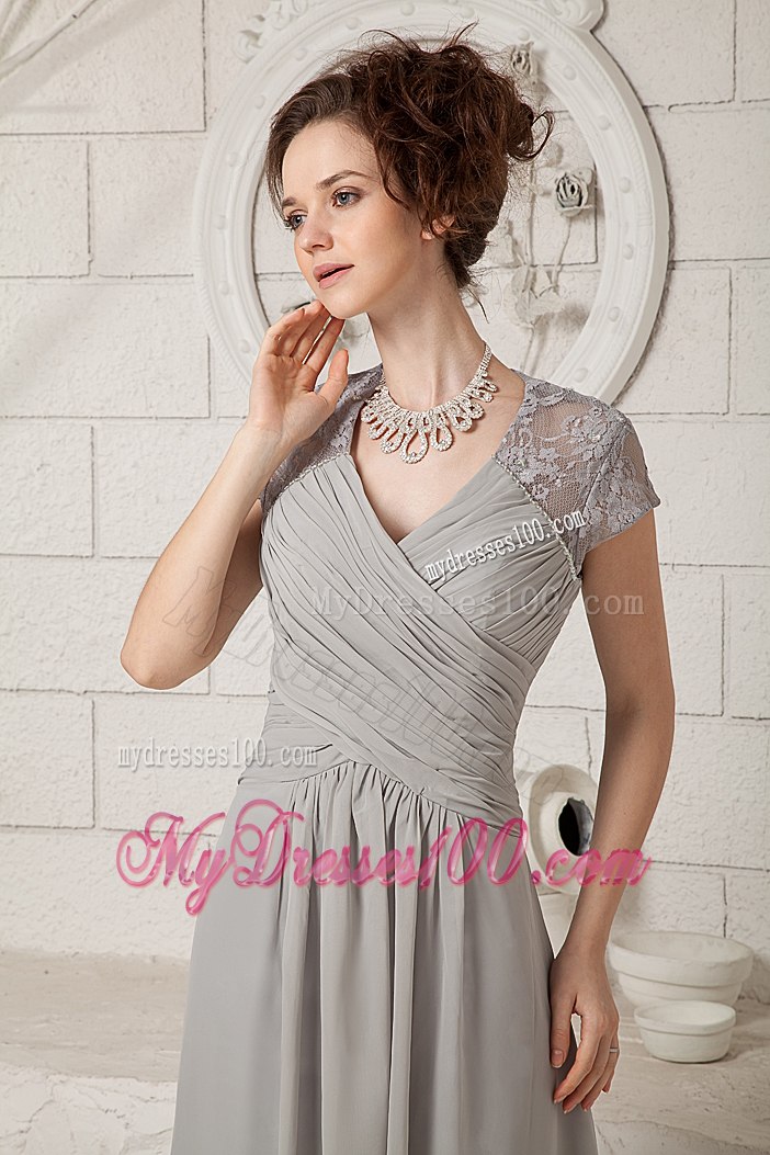 Sheer Cap Sleeves Gray Mothers Dress For Weddings with Full Back