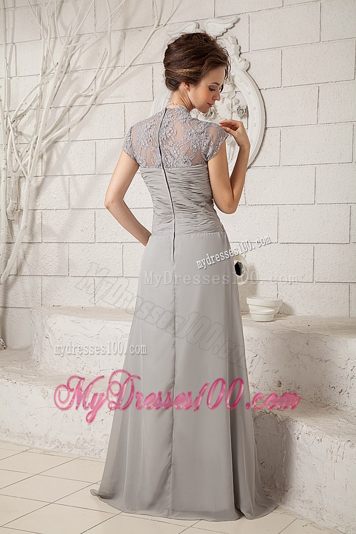 Sheer Cap Sleeves Gray Mothers Dress For Weddings with Full Back