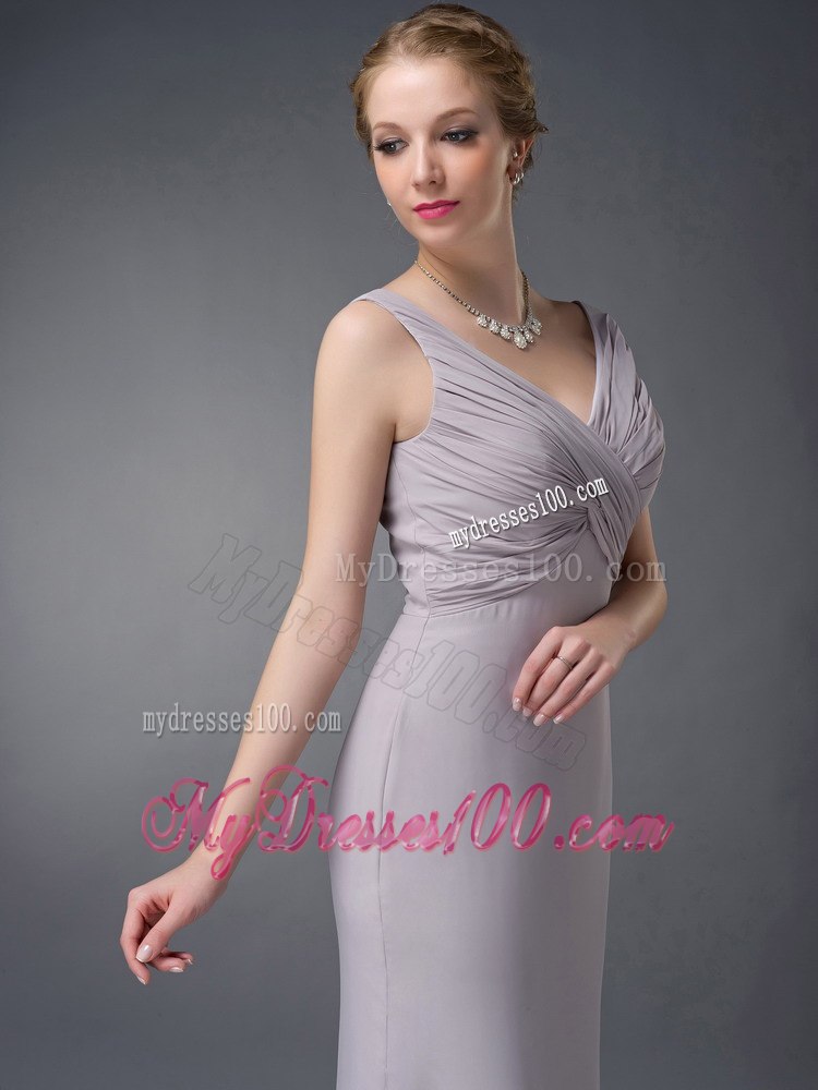 Cheap Column V-neck Ruche Grey Long Mother Of The Bride Dress