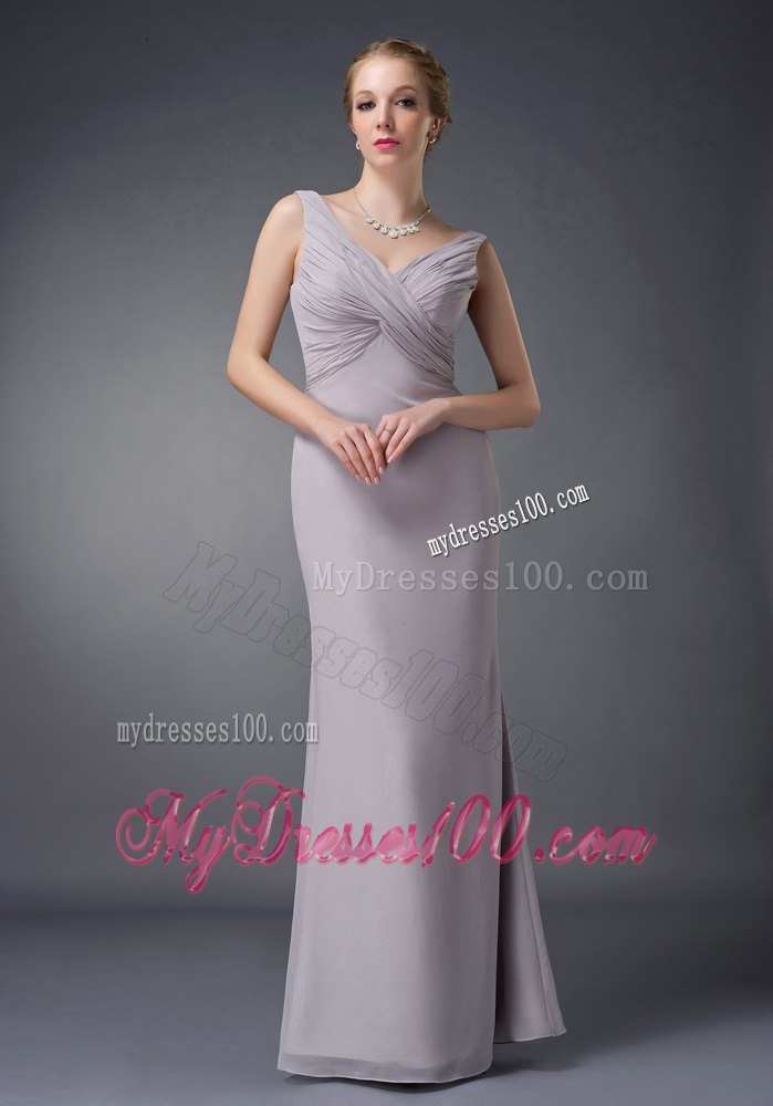 Cheap Column V-neck Ruche Grey Long Mother Of The Bride Dress