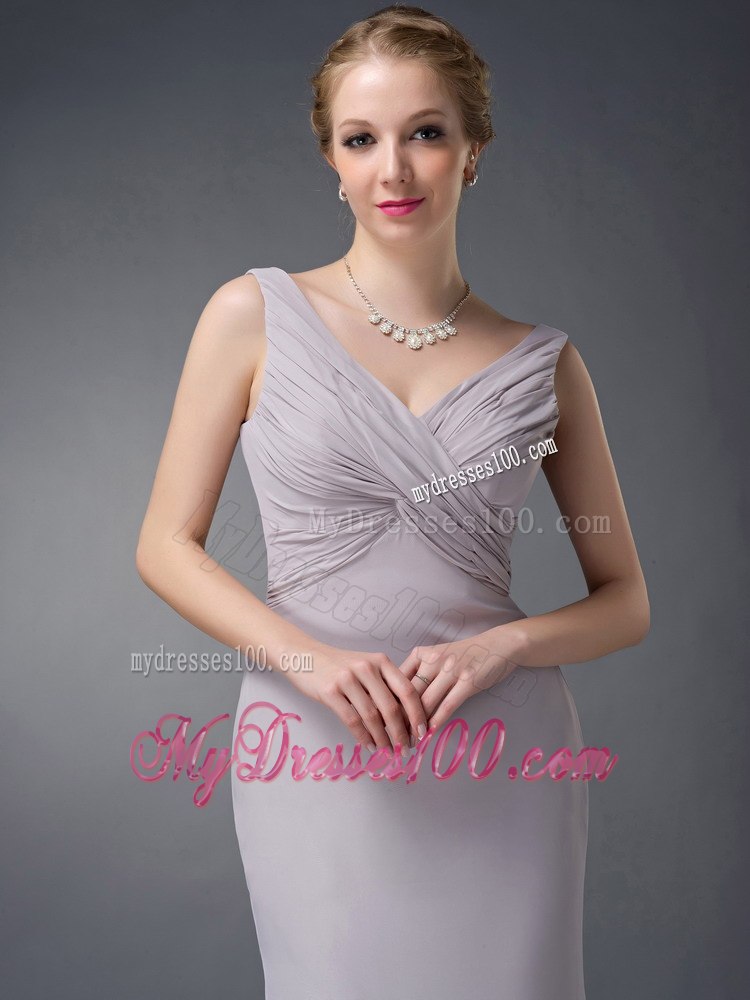Cheap Column V-neck Ruche Grey Long Mother Of The Bride Dress