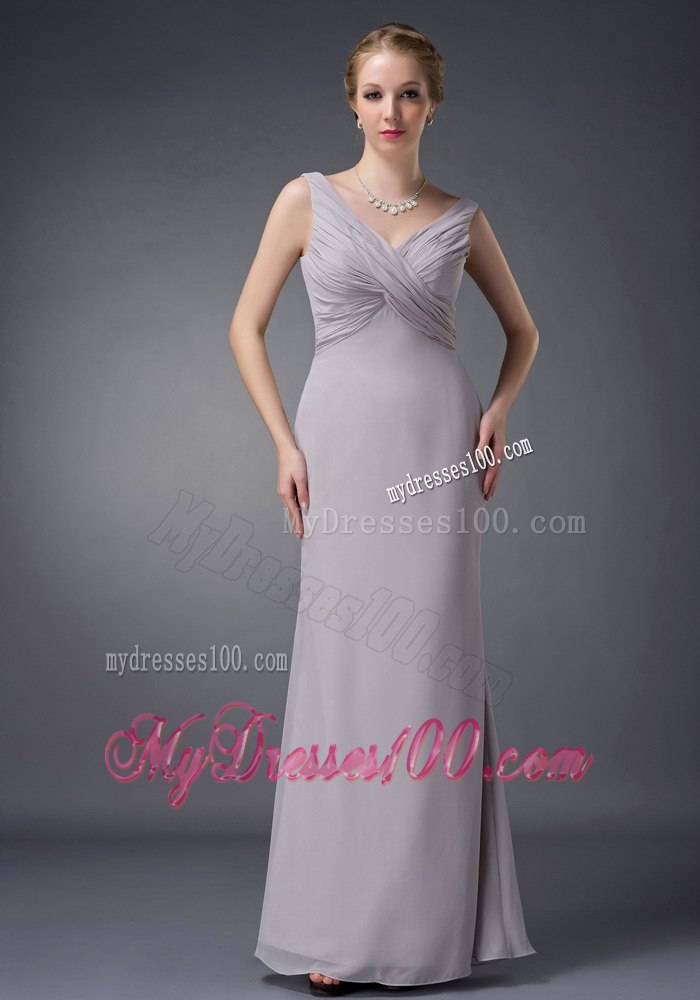 Cheap Column V-neck Ruche Grey Long Mother Of The Bride Dress