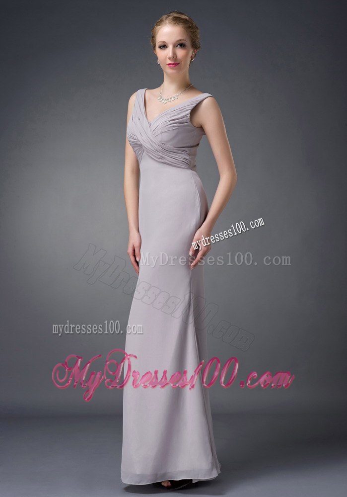 Cheap Column V-neck Ruche Grey Long Mother Of The Bride Dress