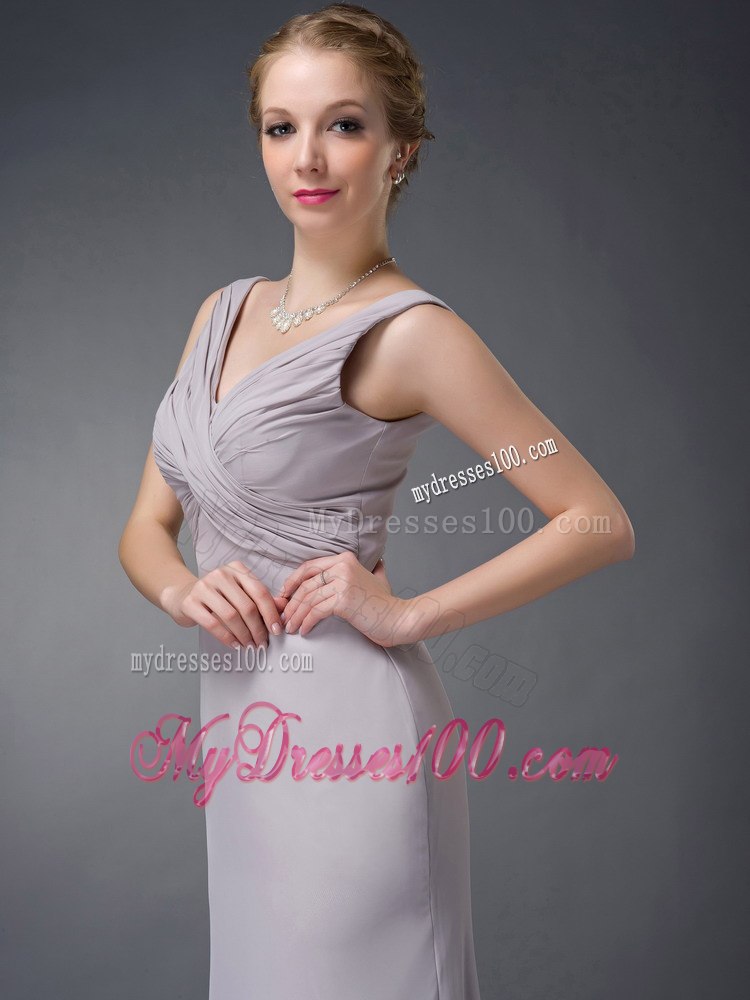 Cheap Column V-neck Ruche Grey Long Mother Of The Bride Dress
