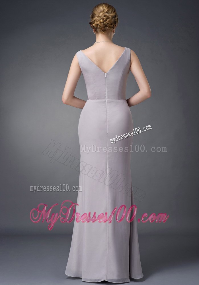 Cheap Column V-neck Ruche Grey Long Mother Of The Bride Dress