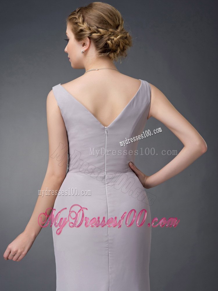 Cheap Column V-neck Ruche Grey Long Mother Of The Bride Dress
