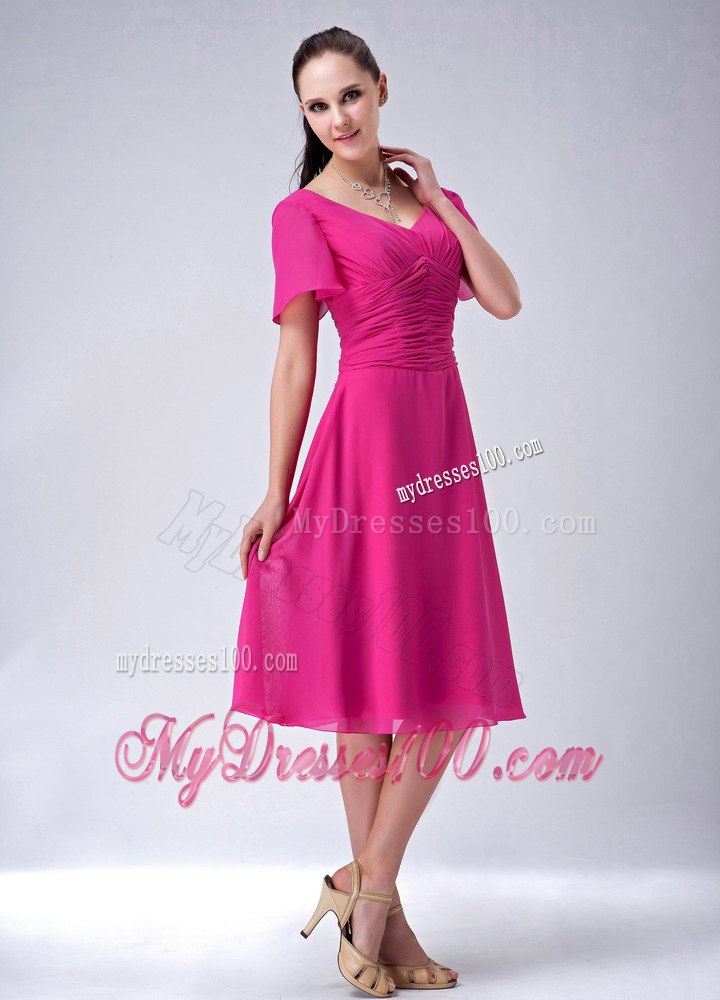 V-neck Tea-length Hot Pink Chiffon Mother Of The Bride Dress
