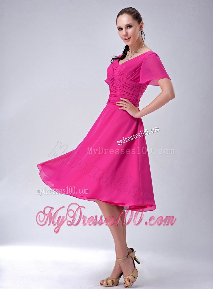 V-neck Tea-length Hot Pink Chiffon Mother Of The Bride Dress