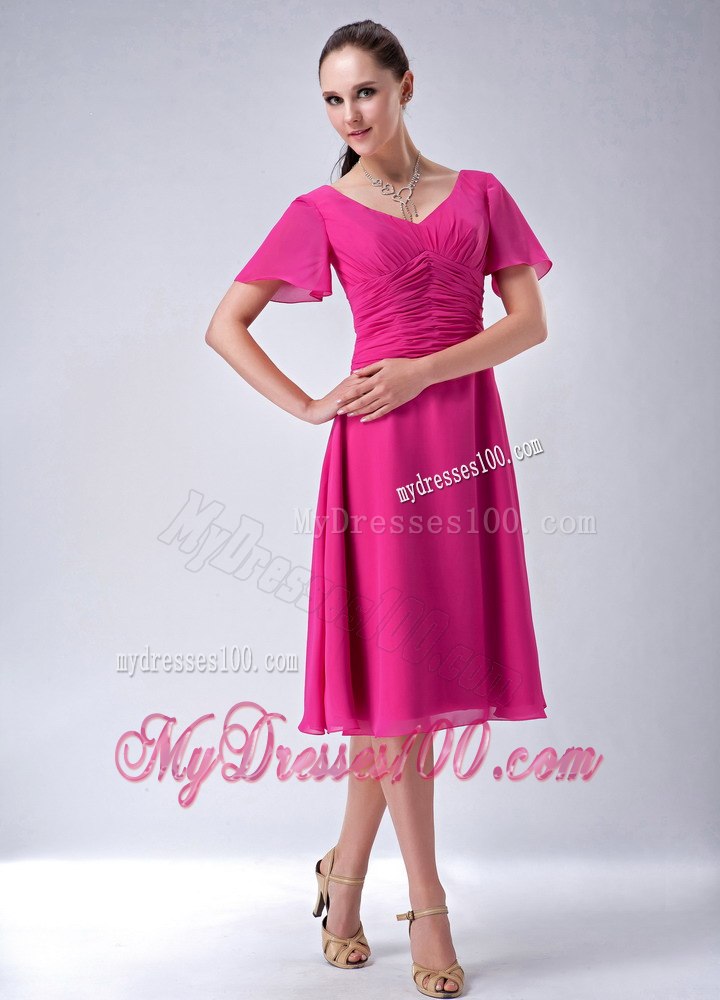 V-neck Tea-length Hot Pink Chiffon Mother Of The Bride Dress