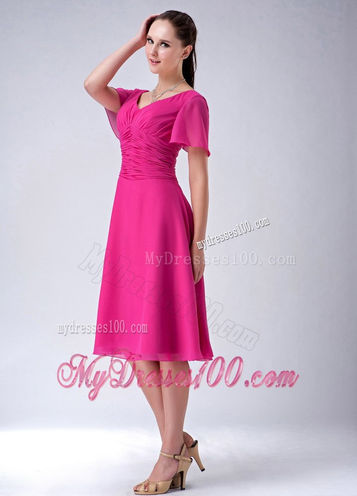 V-neck Tea-length Hot Pink Chiffon Mother Of The Bride Dress