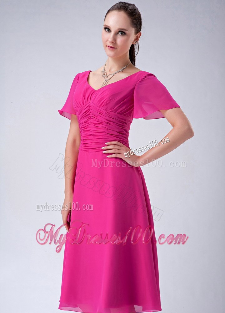 V-neck Tea-length Hot Pink Chiffon Mother Of The Bride Dress