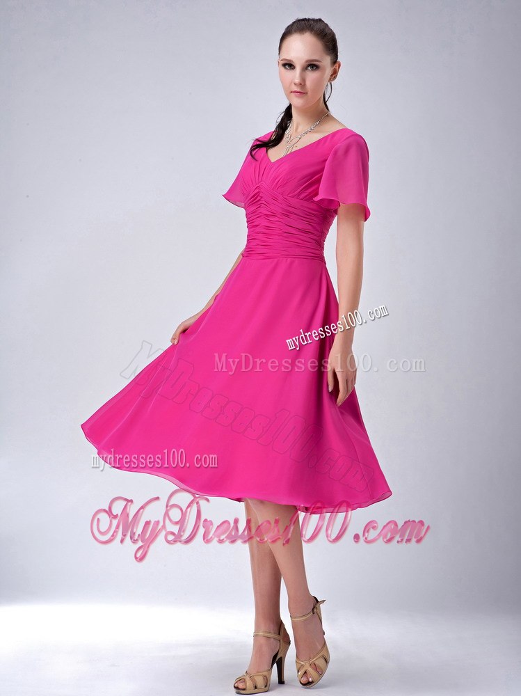 V-neck Tea-length Hot Pink Chiffon Mother Of The Bride Dress