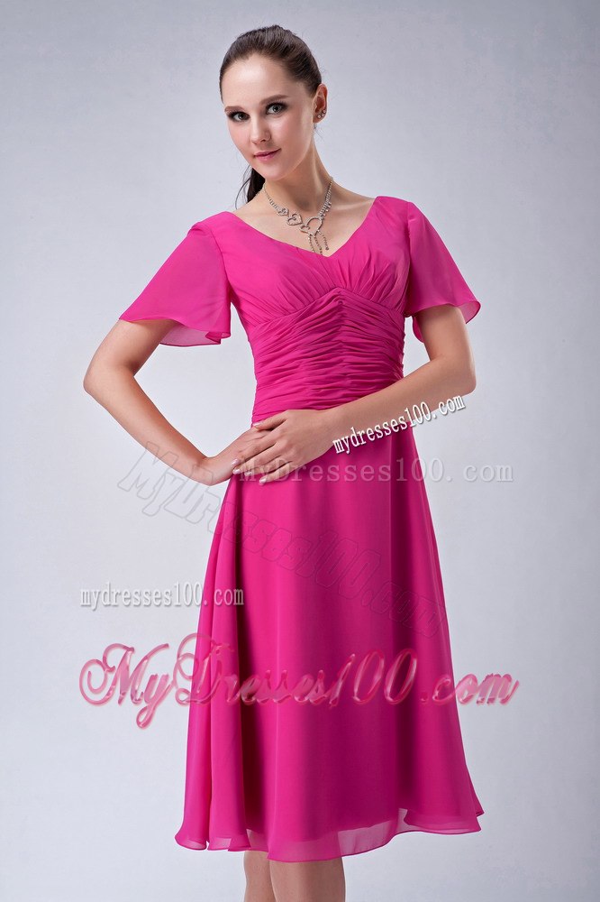 V-neck Tea-length Hot Pink Chiffon Mother Of The Bride Dress