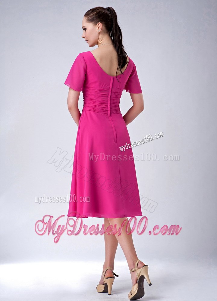 V-neck Tea-length Hot Pink Chiffon Mother Of The Bride Dress
