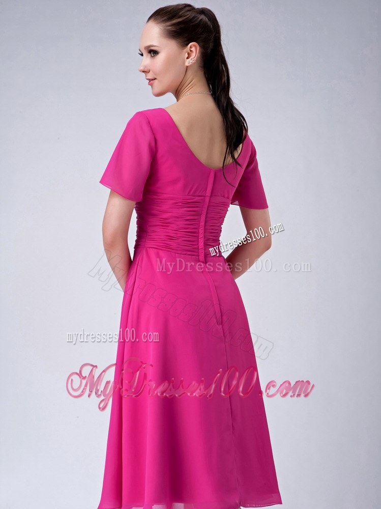 V-neck Tea-length Hot Pink Chiffon Mother Of The Bride Dress