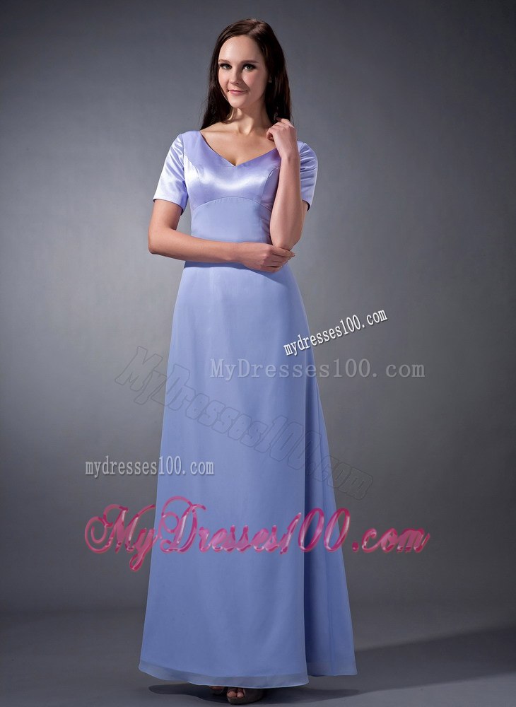 Lilac V-neck Ankle-length Mothers Dresses with Short Sleeves