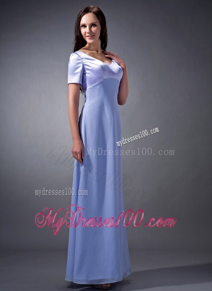 Lilac V-neck Ankle-length Mothers Dresses with Short Sleeves