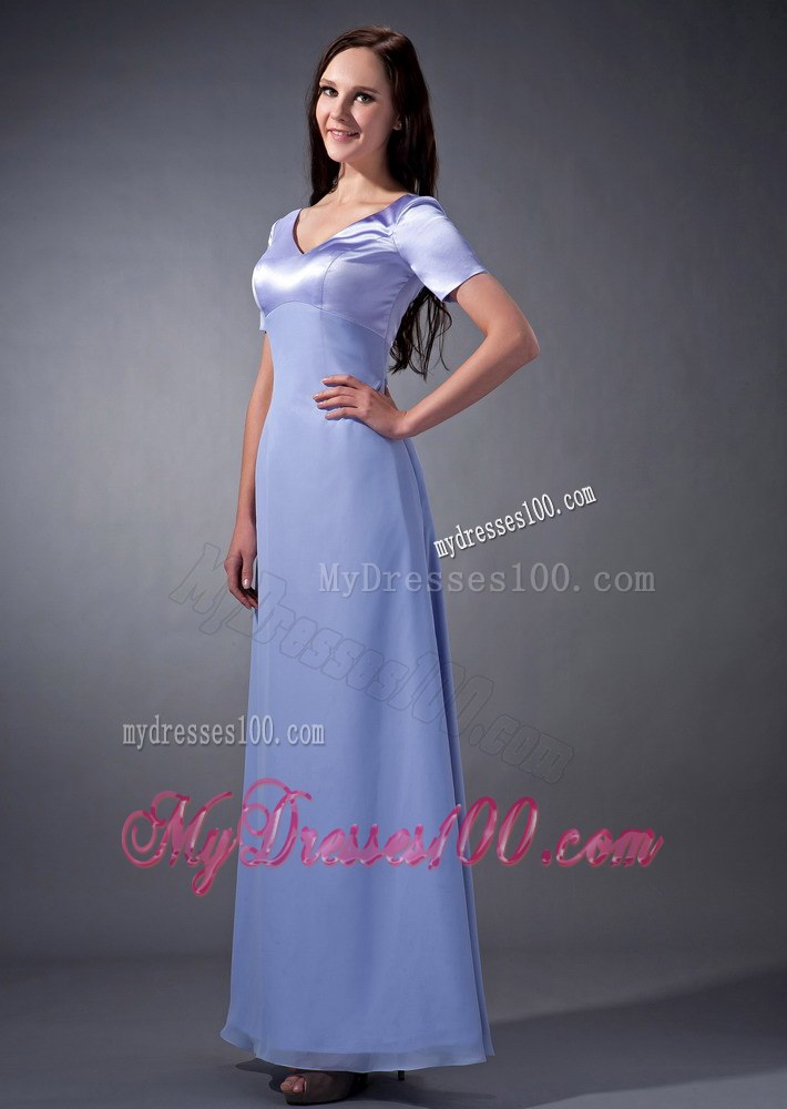 Lilac V-neck Ankle-length Mothers Dresses with Short Sleeves