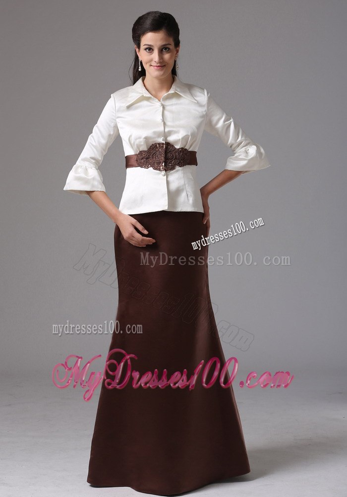 Shirt Style Top with Brown Belt and Bottom Mother Of Bride Dress
