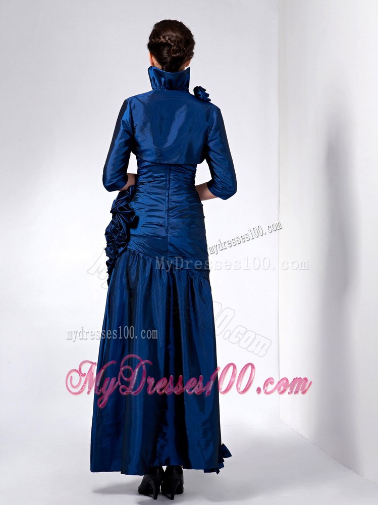 Ankle-length Navy Blue Mother Of Bride Dress with Handmade Flowers