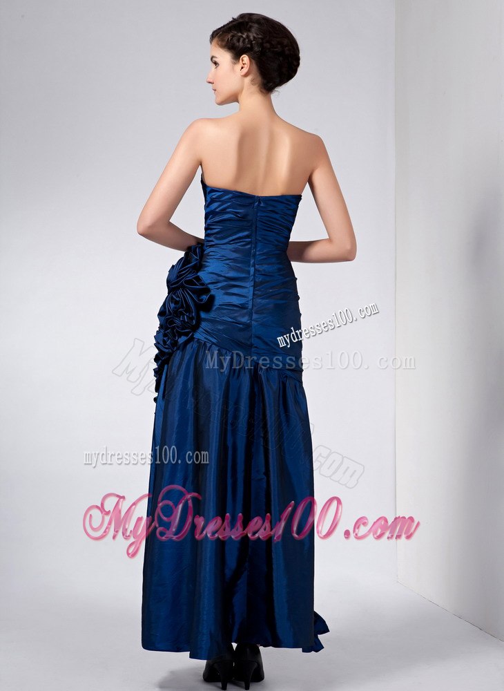 Ankle-length Navy Blue Mother Of Bride Dress with Handmade Flowers