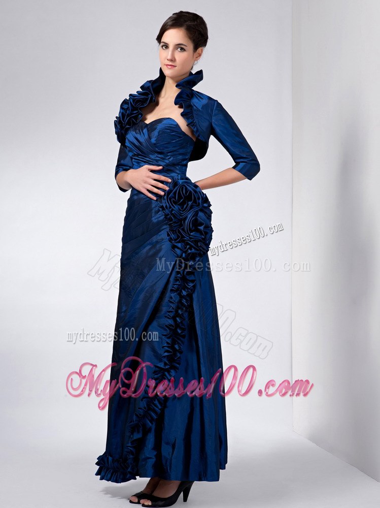 Ankle-length Navy Blue Mother Of Bride Dress with Handmade Flowers