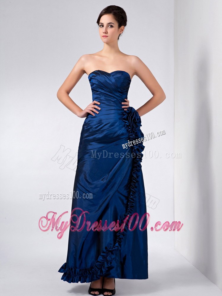 Ankle-length Navy Blue Mother Of Bride Dress with Handmade Flowers