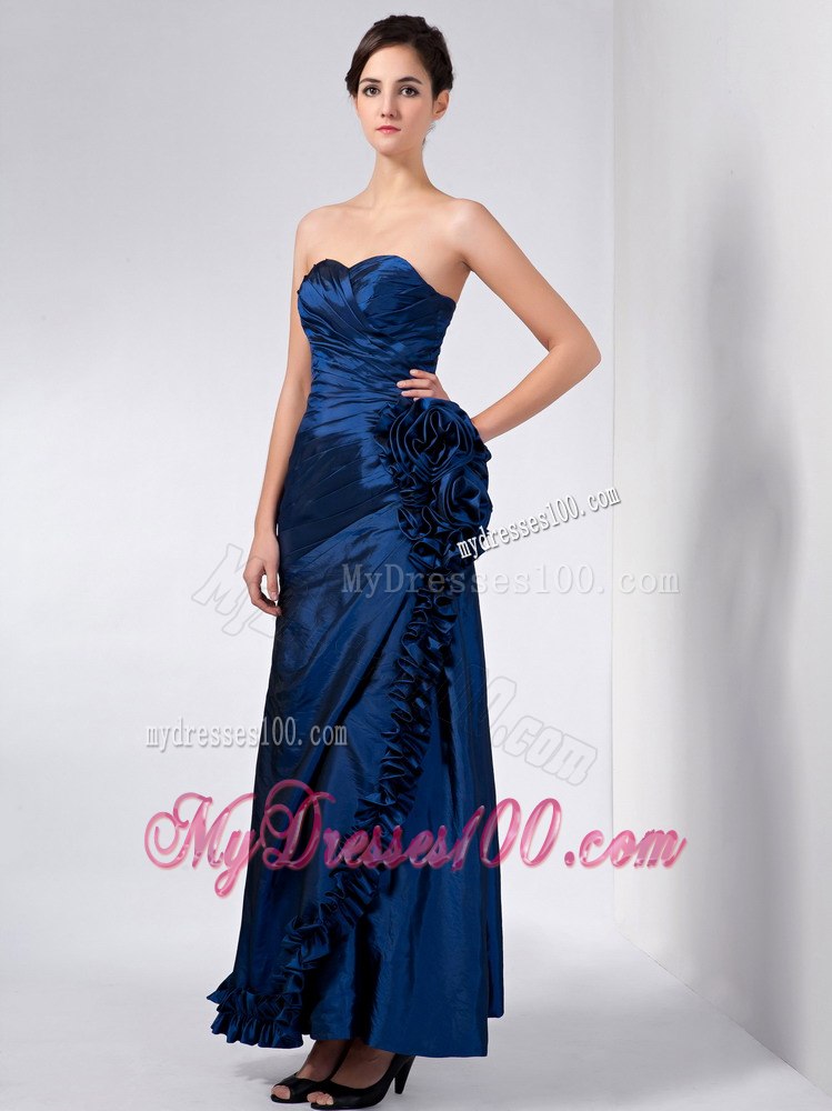 Ankle-length Navy Blue Mother Of Bride Dress with Handmade Flowers