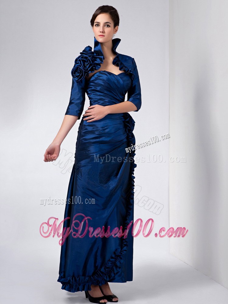 Ankle-length Navy Blue Mother Of Bride Dress with Handmade Flowers