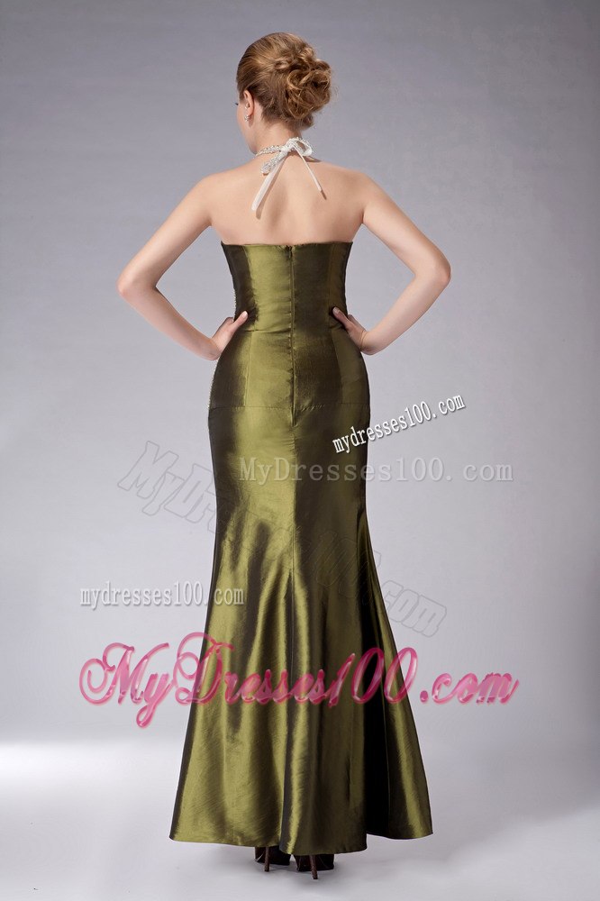 Beaded Haltered Ankle-length Mother Bride Dress in Olive Green